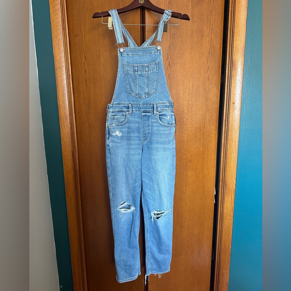 Blue Denim Overalls Distressed Relaxed Fit